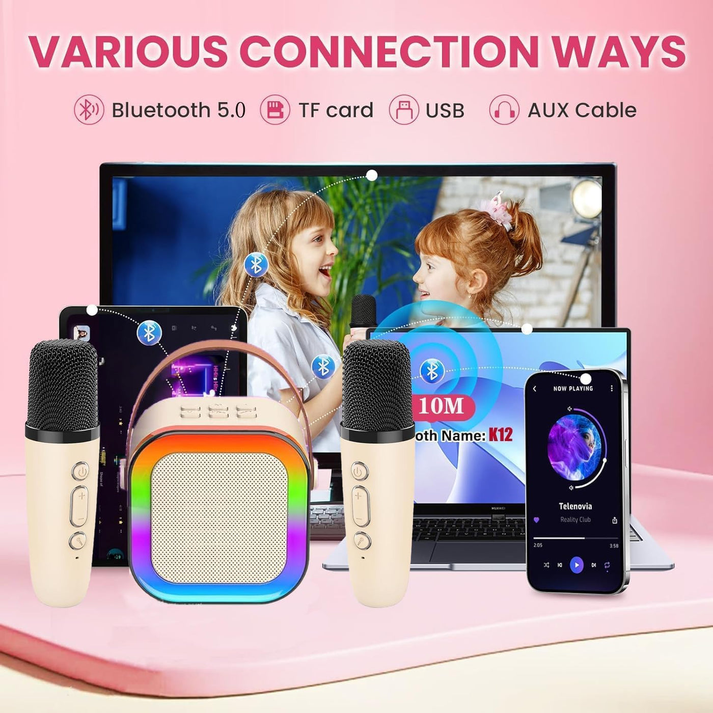 2 Mic Wireless Karaoke Speaker with Dual Mic, 6W Bluetooth Speaker with RGB Lighting for Party & Kids